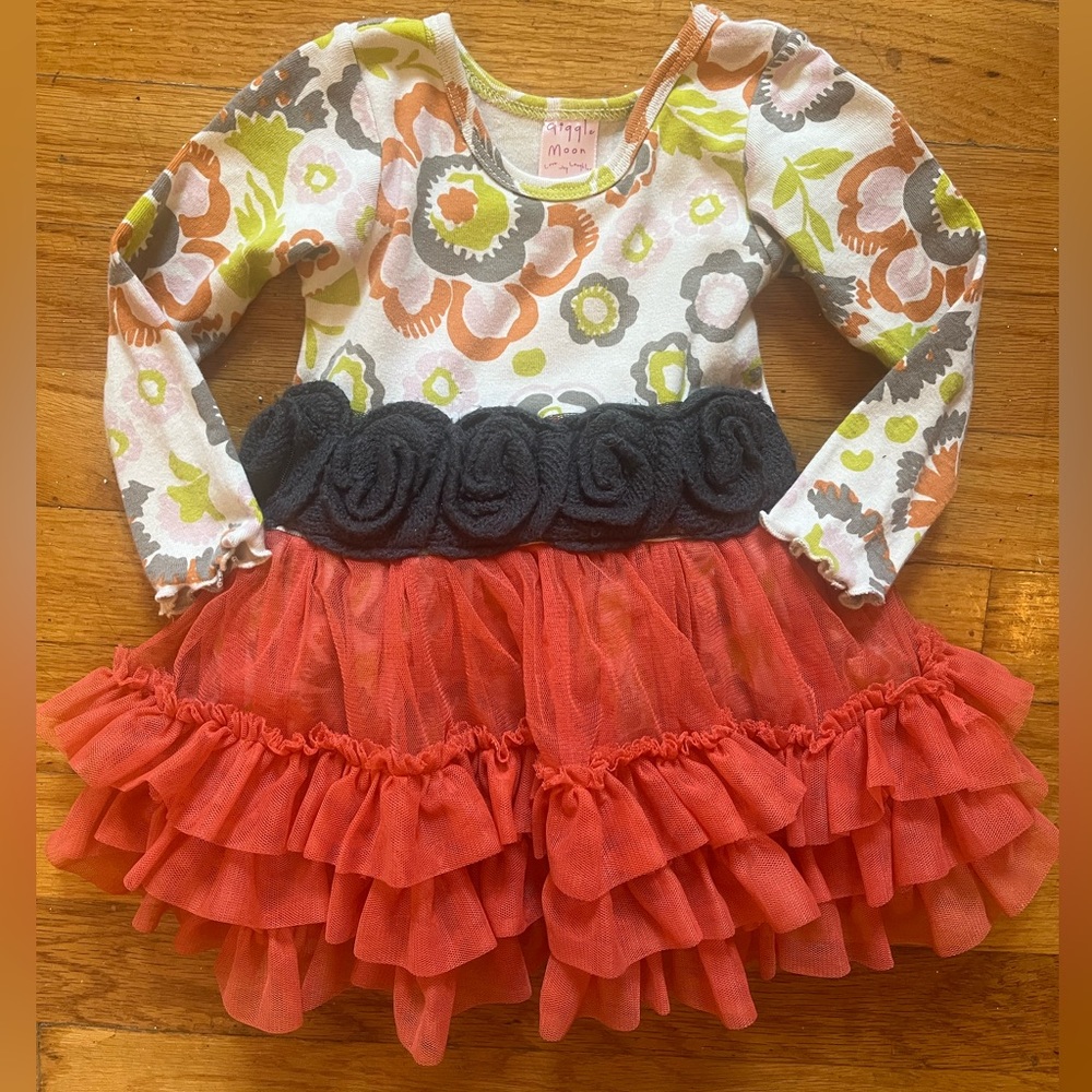 Giggle Moon Size 12 Months Orange Green Floral Tulle Skirt Long Sleeve Dress